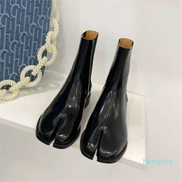 Boots split toe shoes short boots women's thick heel boots in autumn and winter leather black stitching