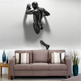 Decorative Objects Figurines Electroplating Imitation Copper Wall Decor Abstract Character Climbing Man Statue Sculpture 3D Through Wall Art 230614