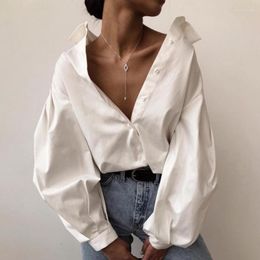 Women's Blouses Casual Vintage Sexy Button White Blouse Women Lantern Sleeve Oversized Loose Shirt Cotton Office Ladies Tops Blusas 10903