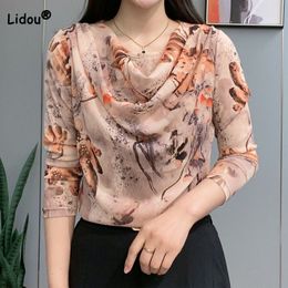 Women's T-Shirt Korean Vintage Pile Collar Floral Printed Female T-shirt Women's Clothing Spring Summer Fashion Elegant Long Sleeve Casual Tops 230615