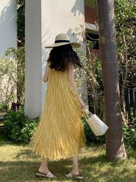 Casual Dresses Yellow Elegant Loose Slim Fairy Tassel Vest Dress Women Beach Festival Sweet Sleeveless Ladies Party Summer Robe Vestidos