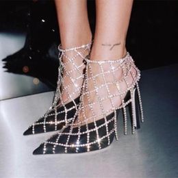 Anklets Handmade Mesh High Heel Foot Ankle chain Anklet Bracelet for Women Shiny Crystal Tassel Shoe Chain Leg Jewellery 230614