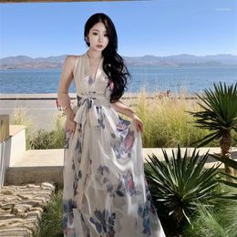 Abiti casual 2023 Summer French Sea Vacation Luxury Slim Halter Neck Floral Dress Womens Beach Abbigliamento femminile