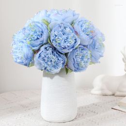 Decorative Flowers Blue Artificial Peony Flower Branch Simulation Silk DIY Wedding Bridal Bouquet Home Living Room Table Decor Fake Peonys