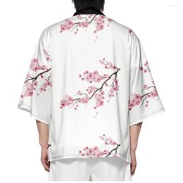 Ethnic Clothing Summer Pink Peach Blossom Print White Loose Cardigan Japanese Traditional Kimono Women Men Beach Haori Shirts Oversized Tops