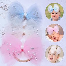 Lace Bow Baby Headband Pearl Nylon Headband Kid Gilr Elastic Hairbands Infant Girls Pearl Hair Bow Baby Nylon Headbands