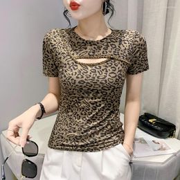 Women's T Shirts Summer Style Print Leopard T-Shirt Chic Sexy Hollow Out Shiny Beads Women's Tops Short Sleeve 2023 Hand Made Slim Tees