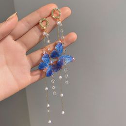 Dangle Chandelier Sweet Blue Pink Butterfly Crystal Tassel Earrings for Women Korean Fashion Delicate Long Drop Jewellery Party Gift 230614