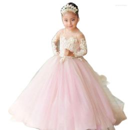 Girl Dresses Pink Flower Girls With Long Sleeve Jewel Pageant Lace Appliques Button Tulle Kids Birthday Prom Party Gown