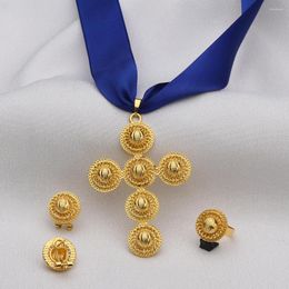 Necklace Earrings Set Dubai Cross Ethiopia Gold Color Charms Pendant For Women Earring Ribbon Girls Wedding Bridal Gifts