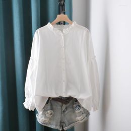 Women's Blouses Lamtrip White Brief Ruffles Collar Sweet Cotton Lantern Sleeve Shirt Blouse Mori Girl