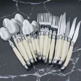 Dinnerware Sets Laguiole Dinner Set Ivory White Dinnerware Steak Knife Fork Spoon Teaspoon Stainless Steel Cutlery Restaurant Flatware 4-24pcs 230614