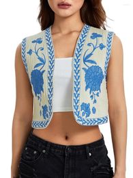 Women's Vests Amiblvowa Y2K Vintage Embroidered Cropped Vest Top Flower Print Open Front Sleeveless Cardigan Outerwear Gilet Shirt Casual