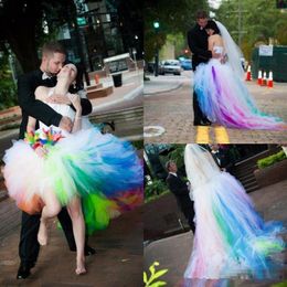 2021 Rainbow Wedding Dresses Colourful Tulle Sweep Train Ruffles High Low Halter Sweep Train Vintage Wedding Gown vestido de novia259w