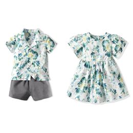 Family Matching Outfits top and top Brother and Sister Matching Clothes Sets Casual Flower Print Boys Clothing SetPuff Sleeve Princess Dress Outfit 230614