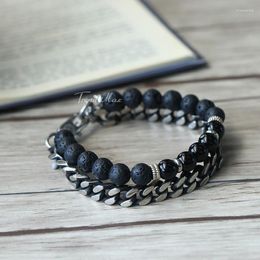 Link Bracelets Mens Curb Bead Stretch Stainless Steel Black Lava Beaded Bracelet Double Chain Jewellery For Women Men DB12