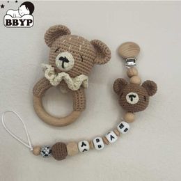 Rattles Mobiles Baby Rattle Crochet Bear Teether With Bells Pacifier Chain born Montessori Educational Toy Wooden Rings Toys 230615