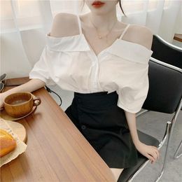Women's Blouses White Off Shoulder Shirts Women Skew Collar Stylish Sexy Lady Elegant Chic Blouse Short Sleeve Loose Tops Blusas Mujer