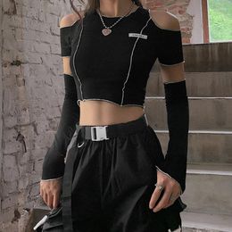 Women's T Shirts Crop Top Women Clothing Tee Patchwork Black T-shirts Gothic Open Shoulder Sleeve Y2k Clothes Casual O Neck Fashion 861i