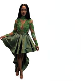 African Olive Green Black Girls High Low Homecoming Dresses Sexy See Through Appliques Sequins Sheer Long Sleeves Evening Gowns BA8443