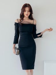 Casual Dresses Elegant Office For Women 2023 Slash Neck Strap Midi Slit Club Sexy Street Clothes Bodycon Skinny Female Dress Vestidos