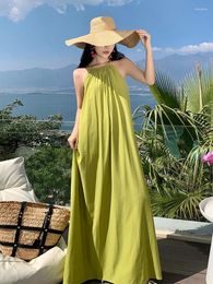 Casual Dresses Green Round Collar Halter Long Dress For Women Sexy Backless Sleeveless Holiday Beach A-line 2023 Summer Female Pleated