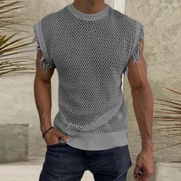 Men's Tank Tops Men Vest Solid Color Round Neck Perspective Cutout Sleeveless Clubwear Ripped Knitted Top Male Clothing