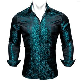 Men's Casual Shirts Luxury Silk For Men Teal Blue Green Black Embroidered Spring Autumn Blouses Regular Slim Fit Male Tops 659