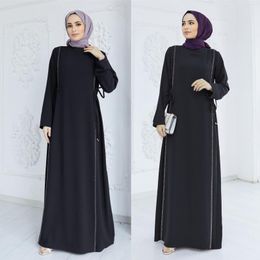 Ethnic Clothing Abaya Robe Printed Diamond Patchwork Bustier Dress Line Elegant Party Women's Black Muslim Fashion