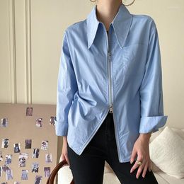 Women's Blouses EBAIHUI Women Blue Double Zipper Blouse Oversize Lapel Collar Long Sleeve Shirt Fit Shirts Fashion Tide Spring Autumn 2023
