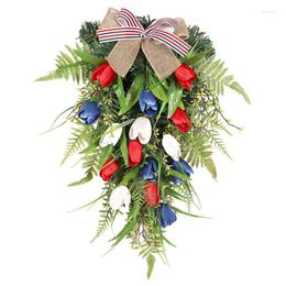 Decorative Flowers 4th Of July Door Wreath Patriotic Americana Artificial Floral Garland Welcome Sign For Independence Day Home Porch