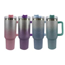 Water Bottles 40oz Gradient Diamond Paint Thermal Cups with Handle Stainl Steel Water Bottle Cool Coffee Thermos Portable Travel Car Cups 230614