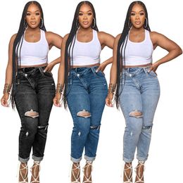 Women Plus Size Jeans Fashion Clothing Personalised Torn Hole Diagonal Buckle Elastic Denim Leggings Long Pants