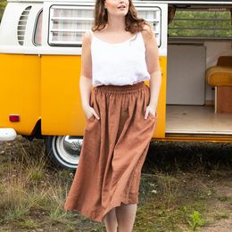 Skirts Vintage Women's High Waist Cotton And Linen Skirt Summer Casual Loose Elastic Mid Length A-Line With Pockets