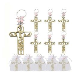 Key Rings 12 Pcs First Holy Communion Wooden Keychain Favor Girl Recuerdos para Primera Comunion with Gift Bags Gift for Guest 230614