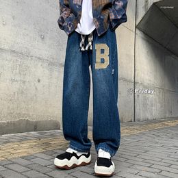 Men's Jeans Men's European Style Letters Embroidery Braided Rope Casual Baggy Men's Fashion Hip Hop Straight Loose Wide Leg Denim