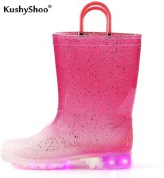 Boots KushyShoo Toddler Boy Rain Boots with Light Kids Shining Shoes Girl PVC Rain Shoes Led Gradient Pink Bling Kids Shoes 230614