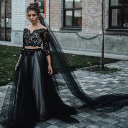 Vintage Black A Line Wedding Dresses 2 Pieces Gothic Bridal Gowns 3/4 Sleeve Sheer Neck Plus Size Vestido De Novia