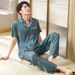 Men's Sleepwear Solid Cardigan Satin Silk Pyjamas Short Sleeve For Men Long Pants Summer Male Pyjama Set Soft Nightgown