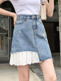 Skirts Summer Sexy Women Empire Slim Denim Skirt Casual Lady Lace Patchwork Vintage Bodycon A-line Mini