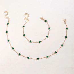Fashion Trend Simple Green Rhinestone Necklace Anklet Set for Women Geometry Alloy Adjustable Wedding Jewellery Set