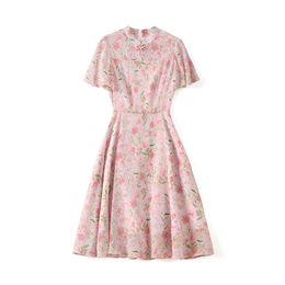 2023 Summer Pink Floral Print Dress Short Sleeve Round Neck Midi Casual Dresses W3L041914