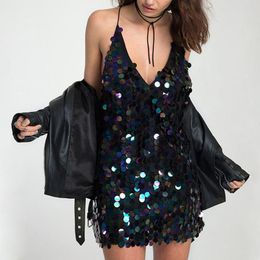 Casual Dresses Women Evening Party Dress Backless Glitter Sequins Disco Dance Sleeveless Fashion Summer Deep V-Neck Night Club Outfit