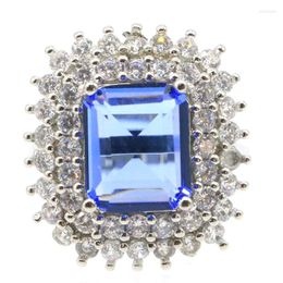 Cluster Rings 21x18mm Princess Cut 5.4g Rich Blue Violet Tanzanite CZ Women Daily Wear Silver