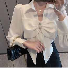 QNPQYX New Bow Tie Women Shirt Office Women Blouses Long Sleeve Top V Neck Spring and Autumn Coat Korean Fashion French Shirt Grace Cheap