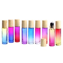 10ml Glass Roll on Bottles Essential Oil Perfume Bottle Gradient Color Roller Bottles with Wood Grain Cap Stainless Steel Balls Roll-on Stpq