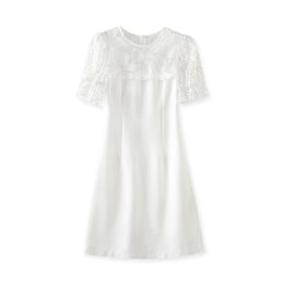 2023 Summer White Solid Colour BeadedDress Short Sleeve Round Neck Knee-Length Casual Dresses W3L040202