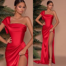 Sexy Red Prom Dresses One Shoulder Party Evening Gowns Pleats Slit Formal Long Special Ocn Dress