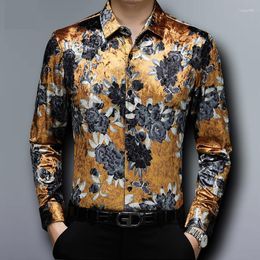 Men's Casual Shirts Yellow Flowers Velvet Warmed For Mens Quality Velour Big Size Blouse Red Smooth Clothing Large Sizes Seniors Dress