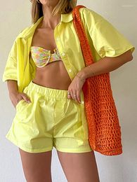 Women's Sleepwear Linad Yellow Pajamas For Women 2 Piece Sets Loose Short Sleeve Female Casual Home Suits With Shorts Solid Summer 2023